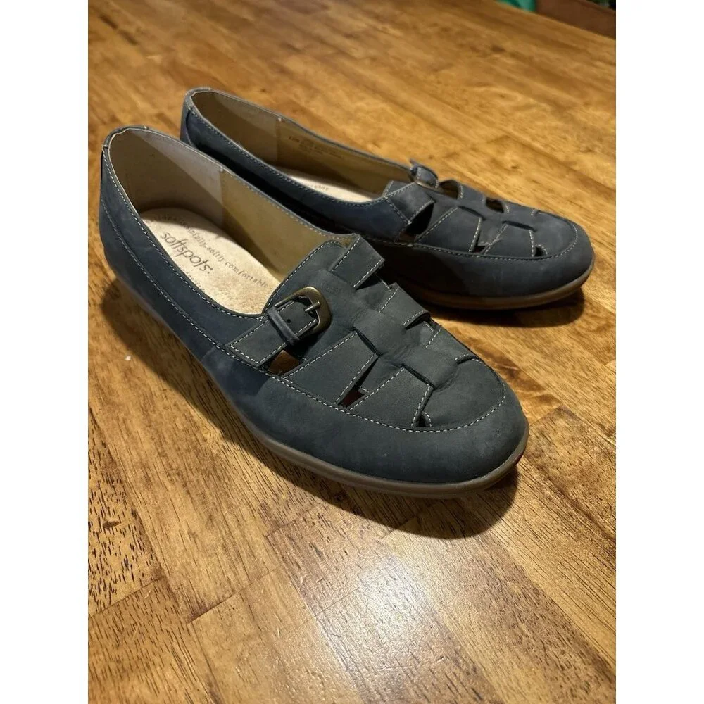 SOFTSPOTS Mary Jane Woven Suede Flats Buckle Blue Cushioned Comfort Size 8.5WW‎